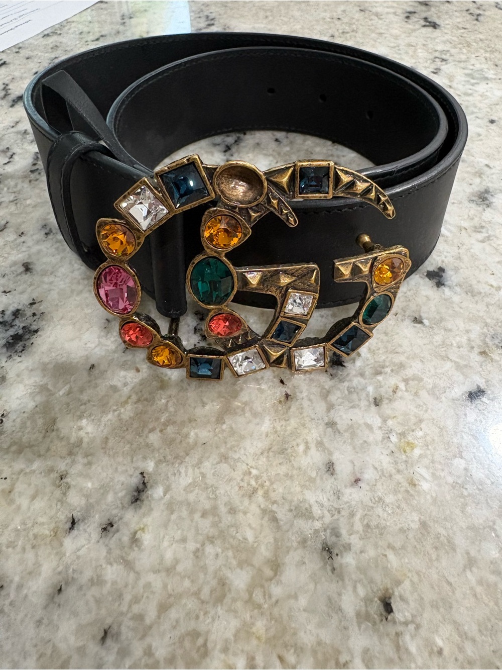 Gucci Black Leather Belt with Multicolor Crystal Double-G Buckle